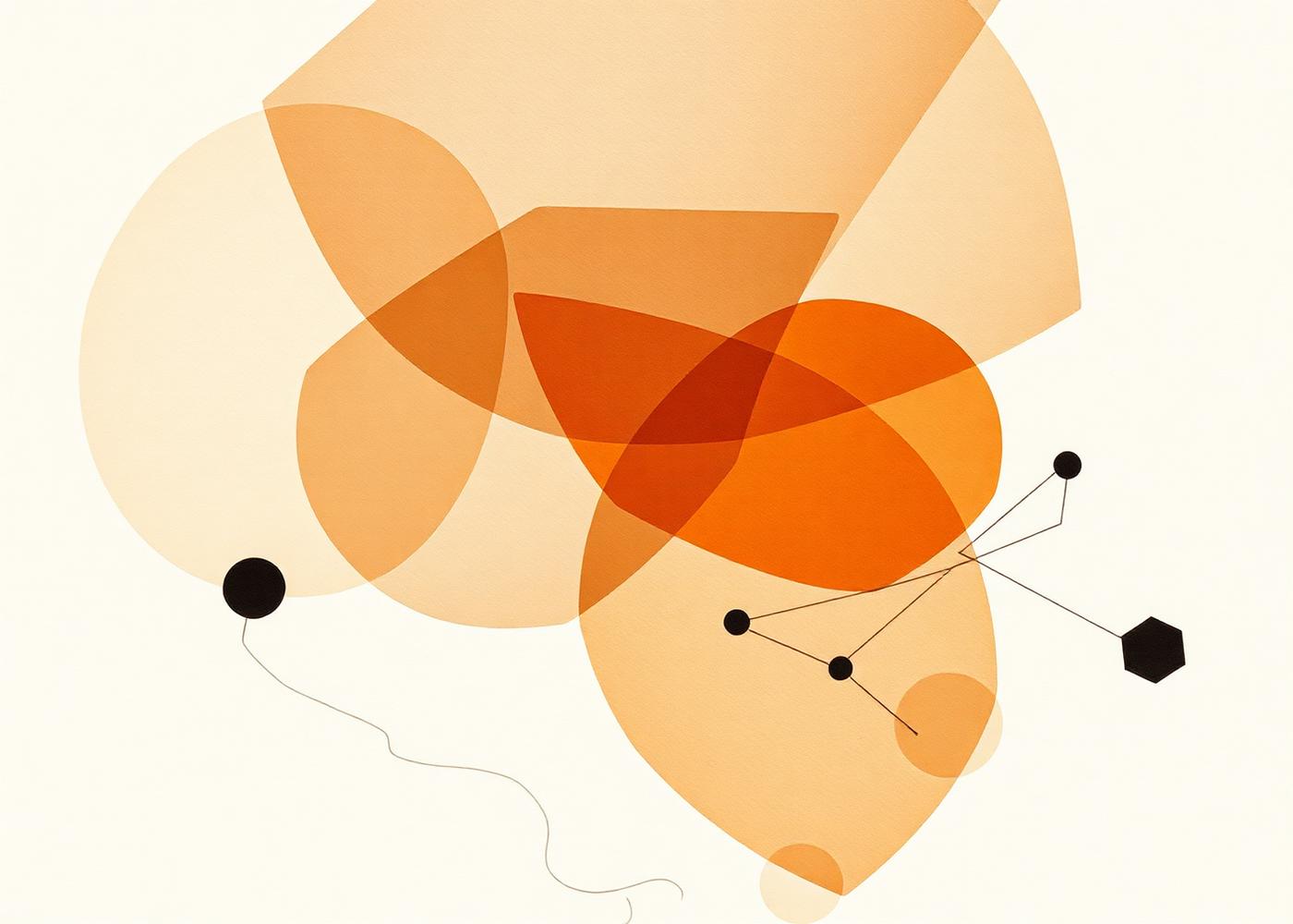 Abstract composition of overlapping ember-coloured shapes and a small graph of connected nodes