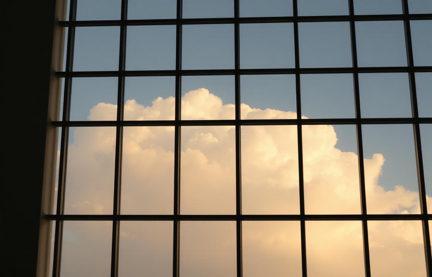 View through a modernist window grid onto cumulus clouds at dusk