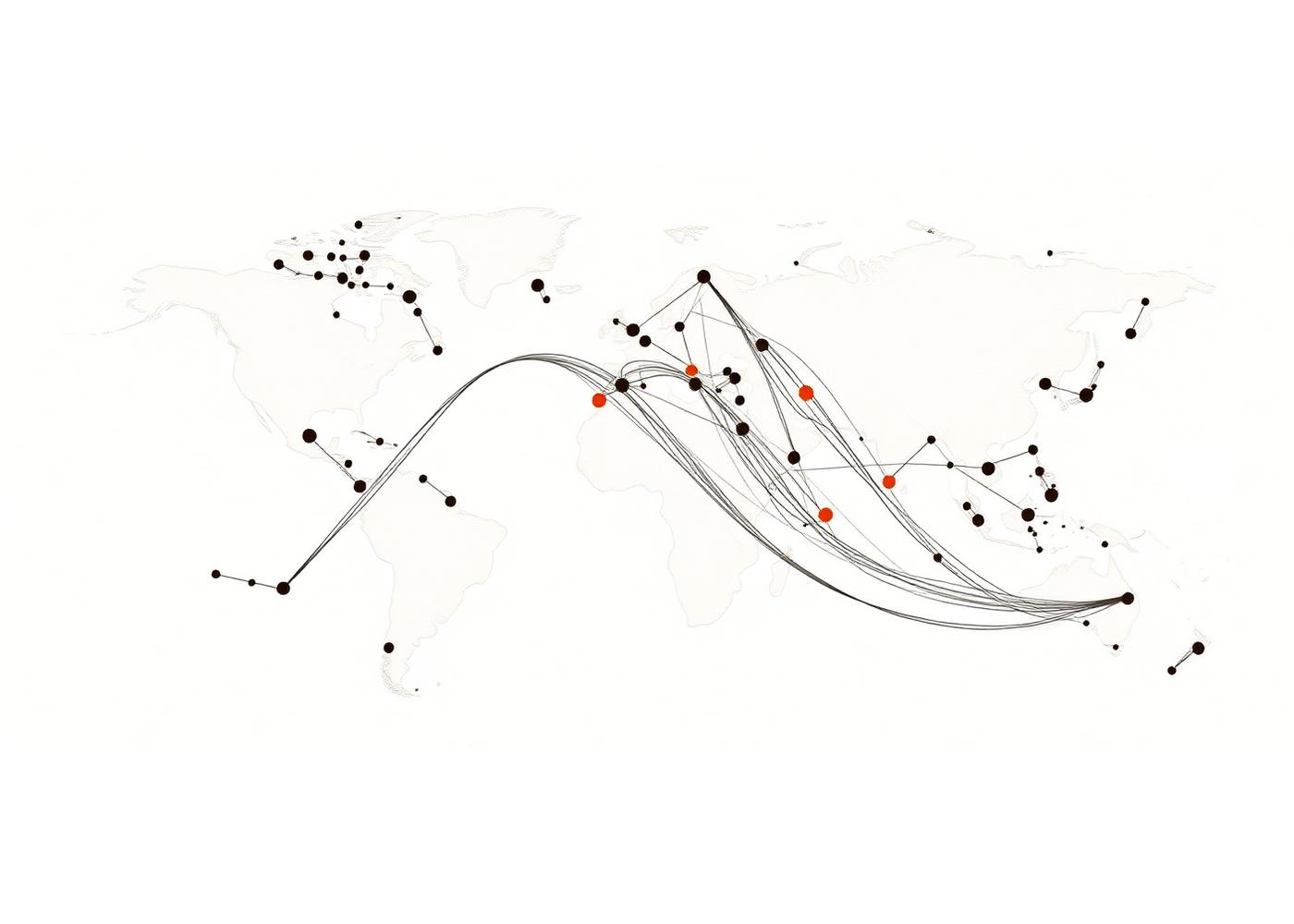 Minimal editorial data visualisation of a global network with ember-coloured nodes