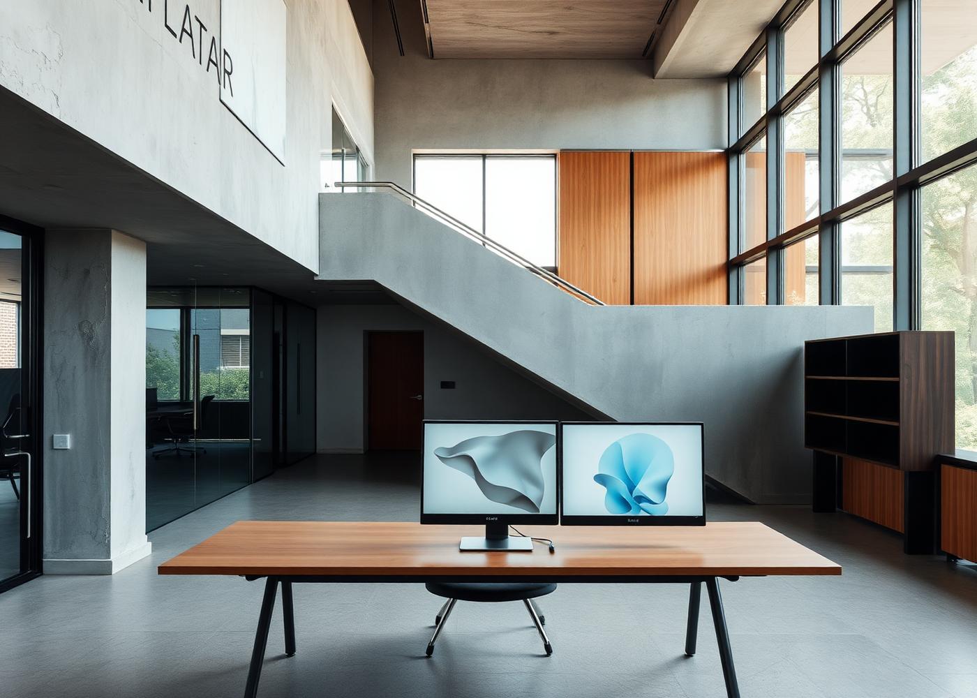 Concrete and timber office interior with a workstation and diffused daylight
