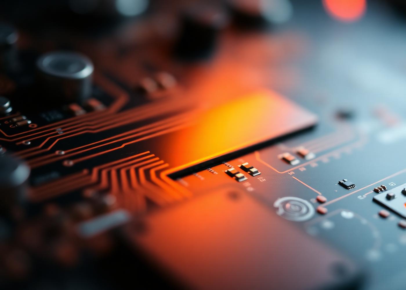 Macro photograph of a circuit board with warm amber light on the traces
