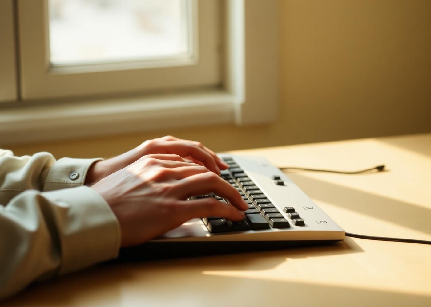 Developer's hands typing on a mechanical keyboard in warm natural light