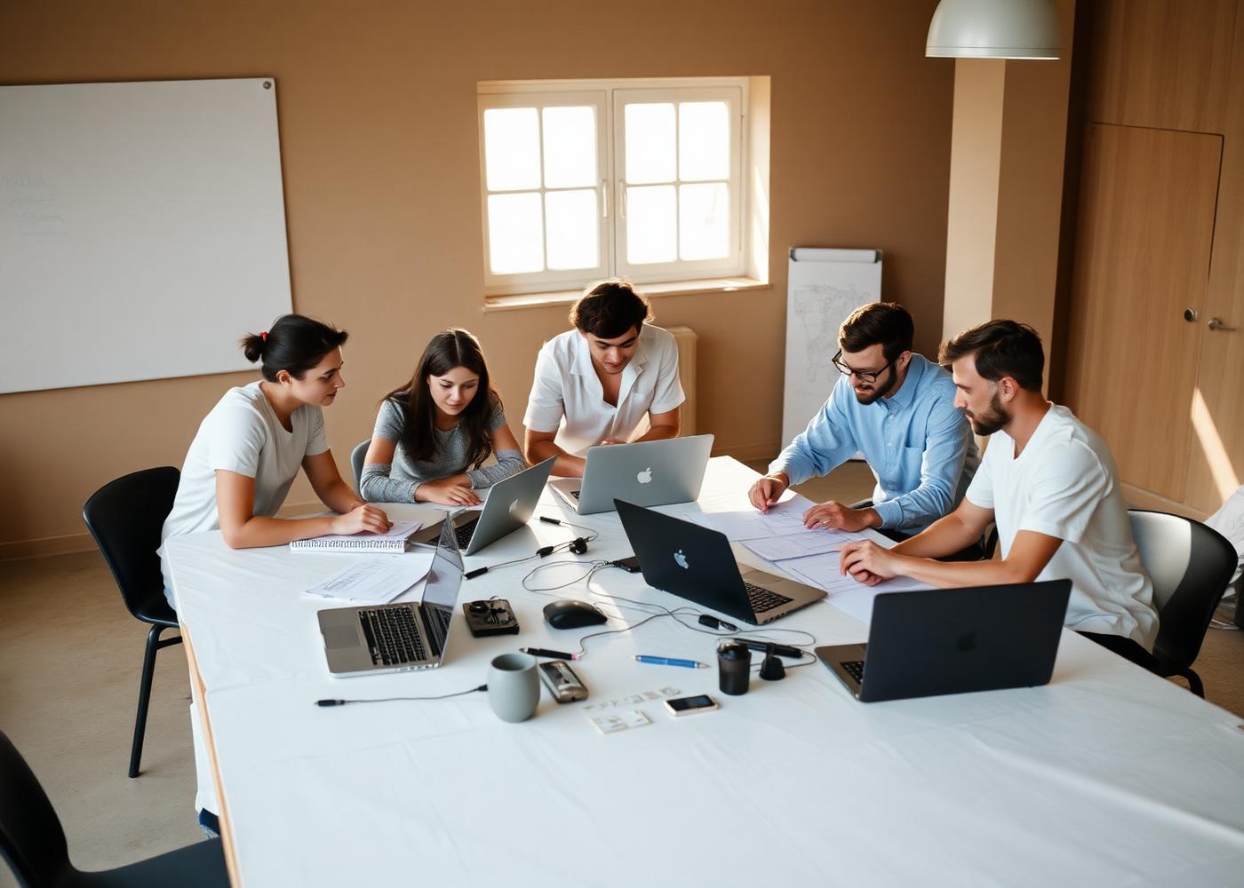A small engineering and design team collaborating around a large paper-covered table